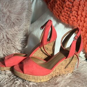 Coral Pink Wedge Sandals with Cork Platform